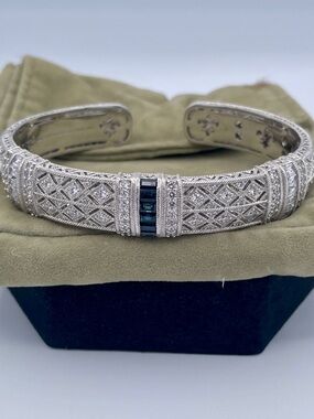Judith Ripka Sapphire Hinged Cuff Bracelet Sterling Silver 925 CZ Thailand 6.5”